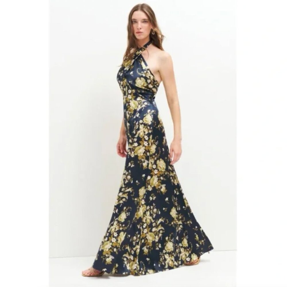 Reformation Veria Silk Maxi Dress in Divinity, Floral Navy and Gold